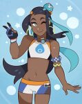  1girl armlet black_hair blue_background blue_eyes blue_hair commentary cowboy_shot dark-skinned_female dark_skin earrings english_commentary eyelashes gloves highres jewelry long_hair midriff multicolored_gloves multicolored_hair multicolored_shorts multicolored_sports_bra navel nessa_(pokemon) outline partially_fingerless_gloves pokemon pokemon_sword_and_shield short_shorts shorts single_glove solo splashbrush sports_bra star_(symbol) two-tone_gloves two-tone_hair v 