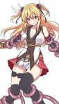  1girl absurdres alisa_reinford belt black_ribbon black_shirt black_sleeves black_thighhighs blonde_hair blue_panties blush breasts brown_belt brown_gloves brown_jacket cleavage closed_mouth commentary commission detached_sleeves eiyuu_densetsu feather_hair_ornament feathers feet_out_of_frame flower furrowed_brow gloves hair_between_eyes hair_flower hair_ornament hair_ribbon highres jacket layered_skirt long_hair looking_down medium_breasts miniskirt multicolored_jacket panties pantyshot pleated_skirt red_eyes red_skirt restrained ribbon rise_(rise19851203) sen_no_kiseki_(series) sen_no_kiseki_ii shirt sidelocks simple_background skeb_commission skirt sleeveless sleeveless_jacket solo striped_clothes striped_panties sweatdrop tentacles thigh_gap thigh_strap thighhighs two-tone_jacket two-tone_panties two_side_up underbust underwear white_background white_jacket white_panties white_skirt 