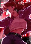  1girl abs absurdres belt black_belt blue_eyes blue_pants brown_hair commentary_request derachobi earrings eyelashes gakuen_idolmaster glint hanami_saki hand_on_own_head highres idolmaster jacket jewelry long_hair long_sleeves open_clothes open_jacket open_mouth pants purple_jacket shirt smile solo sweat teeth toned toned_female very_sweaty white_shirt 