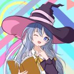  1girl :d ;d artist_name black_hat blue_eyes book bow collared_shirt commentary_request dated elaina_(majo_no_tabitabi) fingers_on_chin grey_hair hair_between_eyes hat highres holding holding_book long_hair long_sleeves looking_at_viewer majo_no_tabitabi one_eye_closed open_mouth sakirinyoru shirt smile solo white_shirt witch_hat 