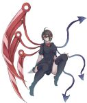  1girl ahoge asymmetrical_wings black_dress black_thighhighs blue_wings bow bowtie breasts brown_hair closed_mouth commentary covered_navel dress expressionless full_body highres houjuu_nue invisible_chair looking_at_viewer medium_breasts no_shoes pointy_ears red_bow red_bowtie red_eyes red_wings short_hair short_sleeves siguma626 simple_background sitting solo thick_thighs thighhighs thighs touhou white_background wings 