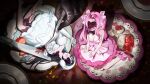  1other 2girls alien_stage ankle_scrunchie bandana black_gloves black_hair blood bow breasts chest_bow cleavage commentary confetti dress elbow_gloves exposed_bone food fork fruit giant gloves hair_bow headset heart highres knife long_hair microphone mizi_(alien_stage) multiple_girls multiple_hair_bows on_plate pink_dress pink_hair pink_scrunchie pink_shoes plate scrunchie shoes sitting smoothlyui strapless strapless_dress strawberry sua_(alien_stage) twintails untranslatable_commentary vignetting white_bandana white_bow white_dress white_gloves zombie_stage 