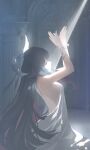  1girl absurdres arms_up back backless_dress backless_outfit bare_back black_hair breasts closed_eyes closed_mouth columbina_(genshin_impact) column commentary_request dress fingernails from_side genshin_impact hair_ornament hands_up head_wings highres joykoygo light_particles light_rays long_hair medium_breasts pillar purple_hair robe sidelocks solo upper_body very_long_hair white_dress white_robe wing_hair_ornament wings 