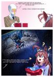  1boy 1girl ? absurdres ahoge animal_ears black_necktie blue_eyes blush bootleg bow bowtie box brown_hair brown_sweater_vest collared_shirt commentary confused english_commentary english_text gift gift_box grey_hairband gundam gundam_00 hair_between_eyes hairband highres holding holding_box horse_ears horse_girl long_hair manjo_(warito) mecha_request meme mihono_bourbon_(umamusume) necktie open_mouth purple_sailor_collar purple_shirt sailor_collar sailor_shirt school_uniform shirt silver_hairband smile space_cat_(meme) sweater_vest t-head_trainer_(umamusume) tracen_school_uniform trainer_(umamusume) umamusume white_bow white_bowtie white_shirt winter_uniform 
