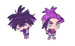  2boys blush_stickers chibi commentary_request crossed_bangs dual_persona frown hair_between_eyes holding holding_poke_ball jacket jungeol_(p_oxo7) kieran_(pokemon) korean_commentary male_focus multicolored_hair multiple_boys necktie off_shoulder poke_ball poke_ball_(basic) pokemon pokemon_scarlet_and_violet ponytail purple_hair red_necktie red_tank_top serious shoes shorts single_blush_sticker tank_top tearing_up two-tone_hair v-shaped_eyebrows white_jacket white_shoes white_shorts yellow_eyes 