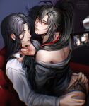  2boys ahoge alternate_costume artist_name ass bare_shoulders black_hair black_nails black_panties black_shirt bottomyllz chromatic_aberration cigarette closed_mouth clothes_grab collared_shirt commentary contemporary couch couple crossdressing crossdressing_(mtf) cup ear_piercing english_commentary grabbing_another's_ass grandmaster_of_demonic_cultivation grin groping hair_between_eyes hair_ribbon hand_on_another's_ass hand_on_another's_chin hands_on_another's_ass highres jewelry lace lace_panties lan_wangji long_hair long_sleeves looking_at_another looking_at_viewer looking_back male_focus mouth_hold multiple_boys nail_polish no_pants off_shoulder on_couch panties parted_lips piercing ponytail realistic recording red_eyes red_ribbon ribbon shirt sidelocks sitting sitting_on_lap sitting_on_person smile smoking straddling teeth teeth_hold underwear video_camera wei_wuxian white_shirt yaoi yellow_eyes 