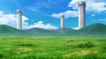  absurdres artist_request blue_sky bush cloud day field game_asset grass highres landscape mountain no_humans outdoors scenery sky third-party_source touhou touhou_spell_carnival tower 