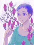  1girl aqua_shirt branch bud closed_mouth coma_ki commentary_request eyelashes long_sleeves natsuyuki_rendezvous purple_eyes purple_hair shimao_rokka shirt short_hair simple_background smile solo very_short_hair white_background 