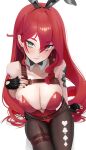  1girl absurdres animal_ears arm_tattoo black_bow black_bowtie black_gloves blush bow bowtie breasts collar detached_collar dragon_tattoo elly_(bunny)_(vtuber) elly_(vtuber) fake_animal_ears finger_tattoo fingerless_gloves gloves green_eyes hair_between_eyes highres indie_virtual_youtuber large_breasts leotard long_hair looking_at_viewer pantyhose pantyhose_cutout playboy_bunny rabbit_ears red_hair red_leotard shio_bd sitting solo tattoo virtual_youtuber white_background white_collar 