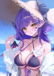  1girl absurdres bare_shoulders beach bikini black_bikini black_choker blue_sky blush bow breasts chain character_name choker cleavage closed_eyes cloud collarbone commentary criss-cross_straps day dragon_girl dragon_horns dragon_wings english_commentary facial_mark gold_chain hair_ornament hand_in_own_hair hand_up hat head_tilt heart heart-shaped_eyewear highres horns horns_through_headwear jacket large_breasts long_hair long_sleeves looking_at_viewer manda_(luts7602) name_tag ocean off_shoulder open_clothes open_jacket outdoors pink_bow pointy_ears purple-tinted_eyewear purple_hair sakihane_huya sky slit_pupils solo standing star_(symbol) star_facial_mark stellive straw_hat sun_hat sunlight swimsuit swimsuit_cover-up tinted_eyewear twirling_hair unworn_eyewear upper_body very_long_hair virtual_youtuber white_jacket wings yellow_eyes 