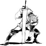  1boy :| arm_guards arm_up armor closed_mouth commentary_request determined ex_albio ex_albio_(1st_costume) fingerless_gloves full_body gloves greatsword greaves greyscale head_down holding holding_sword holding_weapon hunched_over legs_apart limp_arm looking_ahead male_focus monochrome nijisanji oshaka_(haguki) pauldrons planted planted_sword poleyn short_hair shoulder_armor simple_background sketch standing sword virtual_youtuber weapon 