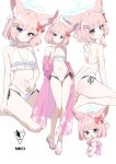  1girl alternate_costume animal_ear_fluff animal_ears bikini blue_archive blue_eyes blue_halo blush bow bow_swimsuit breasts chibi chibi_inset choker cleavage closed_mouth commentary_request finger_to_own_chin fox_ears fox_girl hair_bow hair_ornament halo hand_on_own_stomach hand_on_own_thigh highres inapple korean_commentary looking_at_viewer navel niko_(blue_archive) pink_hair sandals short_hair small_breasts smile solo swimsuit white_background white_bikini 