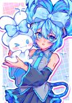  1girl bare_shoulders black_skirt black_sleeves blue_background blue_bow blue_hair blue_nails blush bow cinnamiku cinnamoroll commentary cowboy_shot detached_sleeves english_commentary folded_twintails fuwa_fuwa_cinnamoroll gradient_background grey_shirt grid_background hair_between_eyes hair_bow hatsune_miku highres holding looking_at_viewer open_mouth outline pink_background raised_eyebrows sanrio shirayuki_banana shirt shoulder_tattoo skirt sleeveless sleeveless_shirt sparkle sparkling_eyes tattoo vocaloid white_outline 