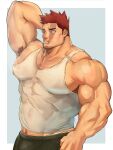  1boy arm_up armpit_hair armpits bara beard_stubble biceps boku_no_hero_academia chest_hair commentary_request endeavor_(boku_no_hero_academia) facial_hair highres iwatanuki510 looking_to_the_side male_focus muscular muscular_male pectoral_cleavage pectorals red_hair scar scar_across_eye scar_on_face strongman_waist stubble tank_top white_tank_top 