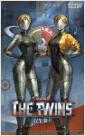  2girls arms_behind_back atomic_heart black_leotard blonde_hair blue_background border braid breasts character_name chinese_commentary chinese_text clothed_robot commentary_request copyright_name copyright_notice crown_braid english_text faceless faceless_female facing_viewer gold_jacket grey_border highres humanoid_robot jacket joints left_(atomic_heart) leotard logo medium_breasts metal_skin multiple_girls official_art open_clothes open_jacket red_star reverse:1999 right_(atomic_heart) robot robot_girl robot_joints standing star_(symbol) 
