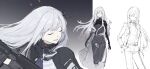  absurdres ak-12 ak-12_(girls'_frontline) ak-12_(lucia)_(girls'_frontline) ak-12_(mod3)_(girls'_frontline) assault_rifle black_mask business_suit chinese_commentary closed_eyes commentary_request flower-moonbanquetmeow formal_clothes girls'_frontline grey_hair gun highres kalashnikov_rifle long_hair long_sleeves mask mechanical_arms mechanical_eyes mouth_mask official_alternate_costume official_alternate_hairstyle open_mouth pants rifle smile suit tactical_clothes unworn_mask weapon 