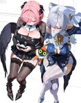  2girls bangboo_(zenless_zone_zero) black_bow black_dress black_garter_straps black_shrug black_thighhighs black_wings blue_dress bow breasts chest_belt cleavage_cutout clothing_cutout commentary crossed_legs dress eous_(zenless_zone_zero) garter_straps grey_hair hair_bow heca_(pixiv_100376586) high_heels highres large_breasts long_hair medium_hair multiple_girls multiple_hair_bows pink_hair pointy_ears purple_eyes remielle_dan shrug_(clothing) thighhighs thighs velina_airgid very_long_hair white_thighhighs wings zenless_zone_zero 