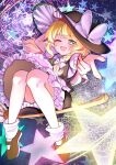  1girl :d ;d absurdres apron black_hat black_skirt black_vest blonde_hair bloomers bow braid broom broom_riding caramel_umashi commentary danmaku hair_bow hat hat_bow highres kirisame_marisa long_hair looking_at_viewer magic marisa_day one_eye_closed open_mouth pointing pointing_at_viewer revision side_braid single_braid skirt smile solo star-shaped_pupils star_(symbol) symbol-shaped_pupils touhou untranslatable_commentary vest waist_apron white_apron white_bloomers white_bow witch_hat yellow_eyes 