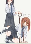  2girls absurdres all_fours black_socks blue_necktie blush brown_hair collar commentary_request highres holding holding_leash kopaka_(karda_nui) leash leg_up long_sleeves multiple_girls necktie open_mouth original pet_play pleated_skirt red_eyes school_uniform skirt socks sweatdrop thighs twintails yellow_eyes yuri 