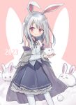  1girl 2023 amakaze_sora animal animal_ears black_ribbon blush chinese_zodiac closed_mouth collared_shirt commentary_request dress_shirt grey_hair grey_jacket grey_skirt holding holding_animal jacket long_hair looking_at_viewer neck_ribbon off_shoulder one_ear_down original pantyhose rabbit rabbit_ears red_eyes ribbon shirt skirt sleeveless sleeveless_shirt smile solo two_side_up white_pantyhose white_shirt year_of_the_rabbit 