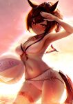  1girl absurdres animal_ears arm_up armpits backlighting ball bare_shoulders beachball bikini blush breasts brown_eyes chain cleavage cloud cloudy_sky commentary_request cowboy_shot ear_ornament evening gold_chain highres holding holding_ball holding_beachball horse_ears horse_girl horse_tail hoshikuzu_kizuna_(kizuna_stardust) looking_at_viewer medium_breasts medium_hair multicolored_hair navel nice_nature_(umamusume) orange_sky outdoors ponytail revision salute shirt sky smile solo streaked_hair swimsuit tail thigh_strap thighs umamusume wading white_bikini 