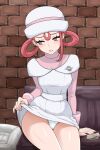  1girl banknote brick_wall clothes_lift commentary_request dress dress_lift female_pubic_hair hat highres i_b_(yaun2242) lifting_own_clothes looking_to_the_side money nurse_joy panties pink_hair pink_shirt pokemon pokemon_legends:_z-a pubic_hair pubic_hair_peek shirt sitting small_sweatdrop solo thighs underwear white_dress white_hat white_panties 
