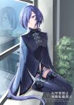  1girl absurdres black_shorts blue_boots blue_hair boots closed_mouth commentary_request crescent crescent_earrings cyclone_tarou earrings hair_over_one_eye highres indoors jewelry long_hair looking_through_window plant promeia_(zenless_zone_zero) purple_eyes reflection shorts sitting solo thigh_boots very_long_hair window zenless_zone_zero 
