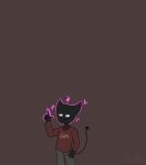 2020 4_fingers before_transformation black_body bottomwear bxnusducks clothed clothed_male clothing demon digital_media_(artwork) duo eyebrows fingers fully_clothed fully_clothed_male grey_bottomwear grey_clothing hi_res long_sleeve_shirt male maroon_shirt mouth_closed pai_(bxnusducks) portrait simple_background tail three-quarter_portrait using_magic_on_self