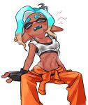  blue_hair bra commentary_request crop_top dark-skinned_female dark_skin fangs fingerless_gloves gloves highres ikki_(gsl_9708) inkling_girl inkling_player_character korean_commentary mechanic_(splatoon_raiders) midriff multicolored_hair navel overalls_partially_removed pointy_ears sitting splatoon_(series) sweat tank_top underwear 