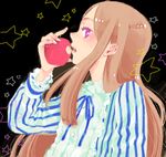  apple brown_hair drawr eating food fruit long_hair mawaru_penguindrum open_mouth purple_eyes solo star takakura_himari 