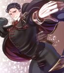 1boy arms_behind_back black_eyes black_hair black_shirt cape closed_mouth commentary_request dancing fire_emblem fire_emblem:_thracia_776 fire_emblem_heroes gloves looking_at_viewer male_focus monsuke_(monban) official_alternate_costume reinhardt_(fire_emblem) reinhardt_(soiree)_(fire_emblem) shirt short_hair simple_background smile solo white_gloves 