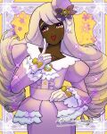  1girl bow commentary dark-skinned_female dark_skin drill_hair english_commentary eyelashes fanarting_curry fascinator finger_to_cheek flower frills glove_bow gloves hat highres jacinthe_(pokemon) long_hair long_sleeves mega_stone open_mouth pokemon pokemon_legends:_z-a purple_eyes purple_flower purple_hair purple_hat purple_shirt purple_skirt shirt signature skirt smile solo sparkle triangle_mouth twin_drills very_dark_skin white_gloves yellow_background yellow_bow 