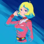 1girl ahoge blonde_hair blue_background blue_eyes breasts dress earth_federation gundam highres medium_breasts medium_hair military_rank_insignia military_uniform mobile_suit_gundam pink_dress profile sayla_mass science_fiction smile solo upper_body zawabug 