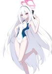  1girl absurdres aris_(blue_archive) aris_(blue_archive)_(cosplay) aris_(c108_swimsuit)_(blue_archive) bare_legs barefoot black_hairband blue_archive competition_swimsuit cosplay double-parted_bangs frywolny_27 hair_between_eyes hairband half_updo halo highleg highleg_one-piece_swimsuit highres kei_(blue_archive) kei_(student)_(blue_archive) long_hair long_hair_between_eyes loosely_tucked_bangs millennium_science_school_logo multicolored_one-piece_swimsuit one-piece_swimsuit pink_halo rectangular_halo ringed_eyes solo standing standing_on_one_leg swimsuit two-tone_one-piece_swimsuit two-tone_swimsuit very_long_hair white_background white_hair white_one-piece_swimsuit 