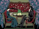  1boy 1girl black_hair black_jacket black_pants black_suit book brown_hair chair commentary crossed_legs cup curtains dress drinking flower from_side full_body gghost0627 holding holding_book holding_cup indoors jacket lamp long_sleeves looking_at_another on_chair original pants plate profile reading saucer shirt shoes short_hair signature sitting smile suit table tea teacup vase wallpaper_(object) white_flower window 