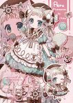  1girl :o ;o absurdres animal_ear_fluff animal_ears apron artist_name blush bow bowtie brown_bow brown_bowtie brown_hat brown_shoes cat_ears cat_girl cat_tail chibi chibi_inset chiko_(star_pocco) closed_mouth commentary_request dress drop_shadow food frilled_apron frilled_dress frilled_sleeves frills full_body green_dress green_eyes grey_hair hair_bow hat heart highres holding holding_food holding_ice_cream ice_cream long_hair looking_at_viewer one_eye_closed open_mouth outline pink_background polka_dot polka_dot_dress shoes short_sleeves smile socks standing striped_bow striped_bowtie striped_clothes tail thick_eyebrows watermark white_bow white_bowtie white_outline white_socks 