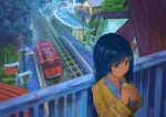  1girl blue_eyes blue_hair building can canned_coffee cevio collared_shirt commentary_request drink_can expressionless futaba_minato hair_ornament hairclip highres holding holding_can jacket lapels mirror oita_prefecture outdoors petrasche_(kunio_miracle) railing railroad_tracks real_world_location scenery shirt solo tactile_paving train train_station train_station_platform yellow_jacket 