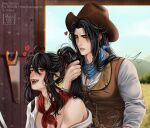  2boys ahoge alternate_costume alternate_universe anal artist_name bandana bandana_around_neck black_hair blue_bandana blurry blurry_background blush bottomyllz brown_eyes brown_hat brown_vest chromatic_aberration cowboy_hat cowboy_western day english_commentary eyelashes fang grabbing_another's_hair grandmaster_of_demonic_cultivation hair_between_eyes hair_ribbon hat heart heart-shaped_pupils heart_ahoge highres holding_another's_hair implied_sex lan_wangji licking_lips long_hair looking_at_another male_focus multiple_boys neckerchief off_shoulder open_clothes open_mouth open_shirt out-of-frame_censoring out_of_frame outdoors ponytail realistic red_bandana red_ribbon ribbon sex sex_from_behind shirt sidelocks smile sweat symbol-shaped_pupils teeth tongue tongue_out trembling upper_body vest watermark wei_wuxian white_shirt yaoi yellow_eyes 