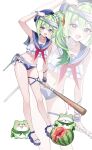  1girl absurdres ankle_strap baseball_bat belt bikini blindfold blue_bikini blue_eyes blue_hat blue_sailor_collar blue_sandals chico_(yuzuha_riko) collar collarbone commentary_request food fruit full_body green_hair hair_ornament hair_scrunchie hat highres holding holding_baseball_bat korean_commentary long_hair multicolored_hair navel o-ring o-ring_bikini_bottom o-ring_thigh_strap open_mouth prock removing_blindfold ruffle_bikini sailor_bikini sailor_collar sailor_hat sandals scrunchie side_ponytail simple_background starfish_hair_ornament stellive streaked_hair swimsuit sword thigh_strap virtual_youtuber watermelon weapon white_background white_belt white_bikini white_collar white_hair wristband x-shaped_thigh_strap yuzuha_riko zoom_layer 