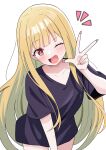  1girl :d ;d absurdres black_shirt blonde_hair blunt_bangs blush cho_kaguya-hime! collarbone commentary_request cowboy_shot fingernails hand_up highres hosinonana kaguya_(cho_kaguya-hime!) long_fingernails long_hair looking_at_viewer notice_lines one_eye_closed open_mouth red_eyes shirt short_sleeves simple_background smile solo t-shirt very_long_hair w white_background 