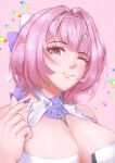  1girl absurdres bare_shoulders breasts chryzoni cleavage closed_mouth dress finger_heart hair_intakes hair_ornament highres large_breasts looking_at_viewer medium_hair one_eye_closed pink_background pink_hair pointy_ears purple_eyes purple_nails remielle_dan simple_background smile solo white_dress zenless_zone_zero 