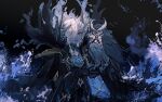  1boy animal_on_arm animalization ascalaphus_(fate) ascalaphus_acheron_(fate) bird black_cloak black_gloves black_jacket black_pants blue_eyes cloak commentary cowboy_shot dark-skinned_male dark_skin fate/grand_order fate_(series) gloves hair_over_one_eye hair_tubes hand_up jacket long_sleeves looking_at_animal male_focus mystical_high_collar open_mouth orizu_lm owl pants person_and_animalization single_hair_tube single_sidelock smile sweater_guard two-sided_cloak two-sided_fabric untranslatable_commentary white_hair 
