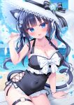 1girl :d absurdres animal_ear_fluff animal_ears beach black_bow black_hair black_one-piece_swimsuit blue_eyes blunt_bangs blush bow breasts cat_ears cat_girl cat_tail cleavage cloud collarbone commentary_request cowboy_shot day fang frilled_one-piece_swimsuit frills hair_bow hat highres kirimiya_tsurugi large_breasts long_hair looking_at_viewer o-ring o-ring_thigh_strap one-piece_swimsuit open_mouth original outdoors sitting smile solo striped_bow sun_hat swimsuit tail thigh_strap twintails white_hat 