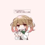  2girls animal bloom2425 bow bowtie brown_eyes brown_hair collared_shirt commentary_request cropped_torso double_bun dress dress_shirt green_bow green_bowtie hair_bun hamster highres holding holding_animal kantai_collection michishio_(kancolle) michishio_kai_ni_(kancolle) multiple_girls pinafore_dress pink_background shirt sleeveless sleeveless_dress smile translation_request upper_body white_shirt 