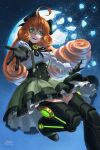  1girl ahoge alt_text android black_bow black_gloves black_ribbon blush bow broken_moon commentary corset curly_hair dated english_commentary erin_winn eyelashes freckles frilled_skirt frills gloves green_corset green_eyes green_skirt hair_between_eyes hair_bow highres long_hair long_sleeves mechanical_legs moon neck_ribbon night orange_hair penny_polendina power_symbol reaching reaching_towards_viewer ribbon rwby shirt signature skirt sky solo star_(sky) starry_sky suspenders white_shirt 