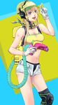  :d bad_id bad_pixiv_id blonde_hair blue_eyes c.c._lemon c.c._lemon_(character) denim denim_shorts gloves helmet long_hair midriff navel open_mouth scarf shorts smile solo tyomeso white_gloves 