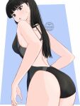  1girl amagami ass ayatsuji_tsukasa black_eyes black_hair black_one-piece_swimsuit blue_background blunt_bangs breasts commentary competition_swimsuit from_behind highres long_hair looking_at_viewer looking_back marurenkon median_furrow medium_breasts one-piece_swimsuit open_mouth racerback solo straight_hair swimsuit two-tone_background two-tone_one-piece_swimsuit watermark white_background 