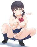  1girl artist_name baba_arumi bikini black_hair black_shoes blue_eyes blue_skirt blue_socks blush bow bowtie braid breasts closed_mouth clothes_lift collarbone commentary_request dated dated_commentary large_breasts loafers long_hair looking_at_viewer mary_janes micro_bikini microskirt original partially_visible_vulva penny_loafers pleated_skirt red_bow red_bowtie shoes signature simple_background skirt skirt_lift smile socks solo spread_legs squatting striped_bow striped_bowtie striped_clothes swimsuit twin_braids white_background white_bikini 