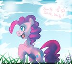  blue_eyes cloud clouds cutie_mark english_text equine female feral friendship_is_magic grass hair horse imalou mammal musical_note my_little_pony open_mouth pink_hair pinkie_pie_(mlp) pony simple_background sky solo text 