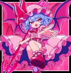  1girl absurdres artist_name ascot bat_wings black_border blue_hair border bright_pupils collared_shirt colored_inner_hair commentary frilled_skirt frills hat hat_ribbon highres holding holding_polearm holding_weapon ishiki_nuru leg_up looking_at_viewer medium_hair mob_cap multicolored_hair open_mouth outside_border pink_background pink_hair pink_hat pink_shirt pink_skirt polearm puffy_short_sleeves puffy_sleeves reaching reaching_towards_viewer red_ascot red_eyes red_shoes remilia_scarlet ribbon shirt shoes short_sleeves skirt skirt_set smile solo spear spear_the_gungnir touhou weapon white_pupils wings 